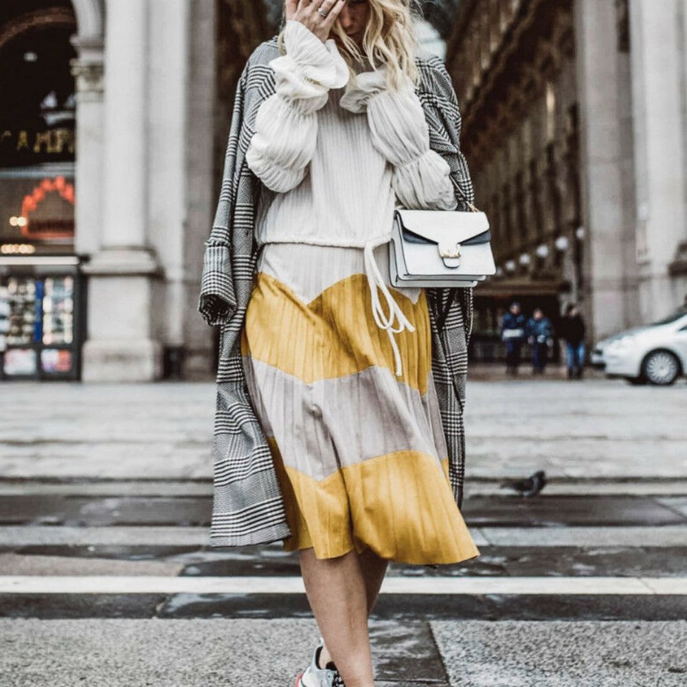 Zara Tri Colored Pleated Midi Skirt Fall Mustard Yellow Faux Leather Suede Sz S